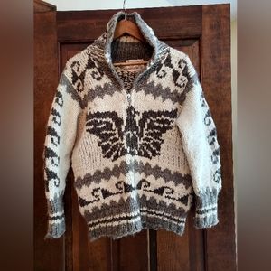 Cowichan Indian Womens Cardigan Sweater Ivory Hand Knit Wool Tribal Full Zip L